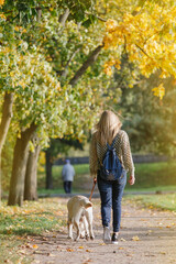 Young blonde is walking in the park with a labrador dog in the fall.