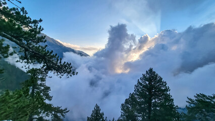 Obraz na płótnie Canvas Panoramic sunrise view of alpine valley on the hiking trail leading to Mount Olmypus, Macedonia, Greece, Europe. Lush green pine tree forest in summer covered in early morning clouds and fog. Refuge A