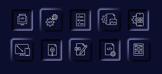 Productivity icons set. Gears, manitor, list, increase, phone, document. The concept of productivity. Neomorphism style. Vector line icon for business