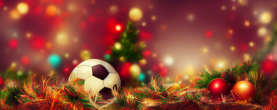 christmas soccer ball on the grass with decorations and lights