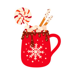 Winter holiday cartoon Christmas cup with chocolate, ice cream and ginger cookies. Santa candy cane and snowflake, lollipop on stick, marshmallow