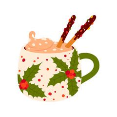 Christmas coffee cup with mistletoe print, mug Xmas kitchen crockery with hot eggnog, whipped cream and chocolate sticks. Ice cream with coffee