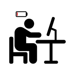 Chronic fatigue, overwork, lack of sleep vector icon illustration. Tired person icon, fatigue or exhausted, lack battery energy, low charge symbol on white background.