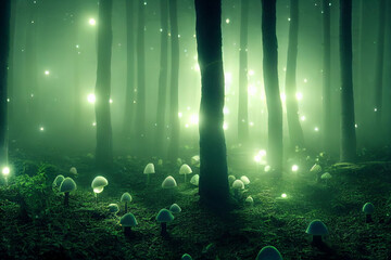 Obraz premium Glowing mushrooms. Magical shimmering mushrooms in a mysterious forest