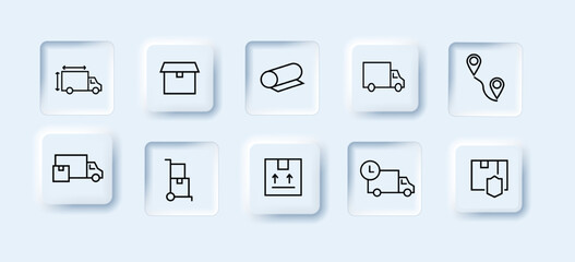 Delivery icons set. Box, car, packaging, trolley, time, speed, protection, path, cut. Delivery concept. Neomorphism style. Vector line icon for business