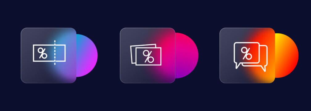 Set of discount icons. Coupon, percentage, message, sale. Glassmorphism style. Vector line icon for business
