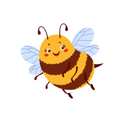 Bee cartoon character isolated cute comic bumblebee or honeybee. Vector flying bee baby with wings, happy flying insect, worker bumblebee