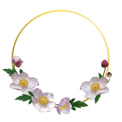 Anemone. Beautiful floral pattern. Purple. Green leaves. Background. Buds. Golden ring. Isolated.
