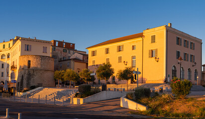 Fototapeta na wymiar The town hall of L'ile-Rousse in the morning, Corsica, France