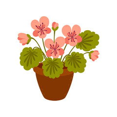 Home flower in pot vector cartoon icon. Vector blooming flowers in flowerpot, floral decoration, pink flowers and green leaves