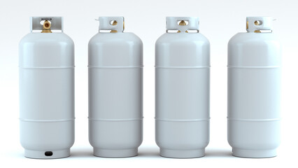 Propane gas tank set, various sides can be seen. White gas container no labels. Isolated on white. 3D render. - obrazy, fototapety, plakaty