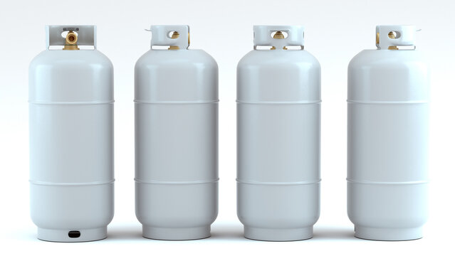 Propane gas tank set, various sides can be seen. White gas container no labels. Isolated on white. 3D render.