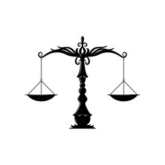Justice or judicial law balance scale icon, isolated vintage weight scales, retro judgment and punishment, equality sign. Vector law and notary equilibrium
