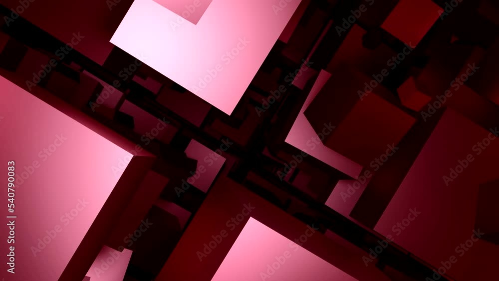 Poster red and blue squares in the dark. motion.dark background with large volumetric squares flying around