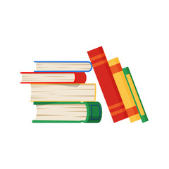 Pile of books in color hardcovers flat cartoon business textbooks, encyclopedias heap. Vector studying and knowledge materials, bestsellers bookstore object