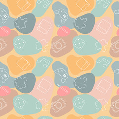 Seamless abstract background. Symbols of interesting hobbies on the background of abstract figures in pastel colors. Fashionable vector illustration.