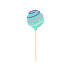 Realistic cake pop, vector lollipop candy, chocolate dessert food. Vector lolly with cream topping and swirls, delicious sweet cake on stick