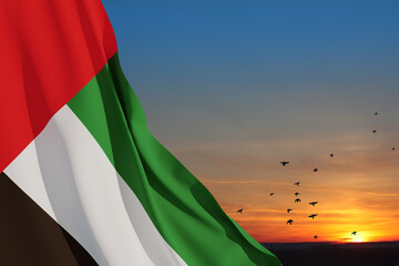 Flag of United Arab Emirates on background of sunset sky with flying birds. UAE celebration. National day, Flag day, Commemoration day, Martyrs day.
