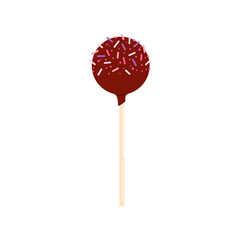 Sweet food pastry dessert vector ball on stick. Vector tasty lolly popsicle sweet dessert with sprinkles coating. Cakepop covered with chocolate glaze
