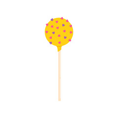 Yellow glaze cake pop, vector lollipop candy on stick with sprinkles. Vector chocolate dessert food, lolly with cream, delicious sweet cake