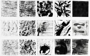 Set of different textured samples drawing by hands with black ink on white paper.