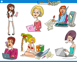 cartoon businesswomen characters at work set