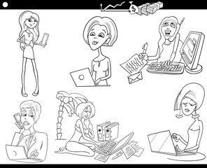 black and white cartoon businesswomen characters at work set