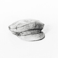 Close-up of french cap, drawing by hand with black pencil on white paper.