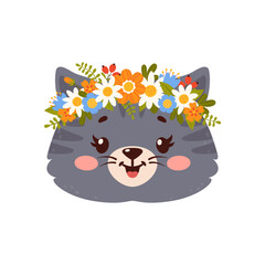 Cute animal with flower crown, cartoon face of funny cat, cute character. Vector wildcat head wearing floral wreath, funny smiling kitten
