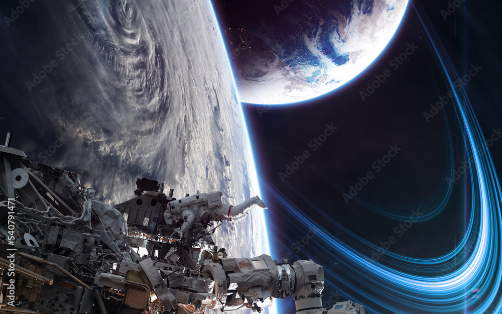 Poster orbital space station on background of deep space planets. science fiction. elements of this image f