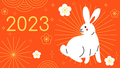 Cute white rabbit and plum flowers on red background. Hand drawn cartoon style hare illustration. Chinese New Year symbol 2023. Traditional Red envelope template