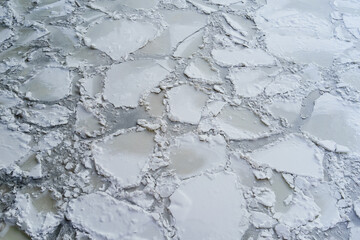texture of snow-covered ice floes on a frozen river, abstract background