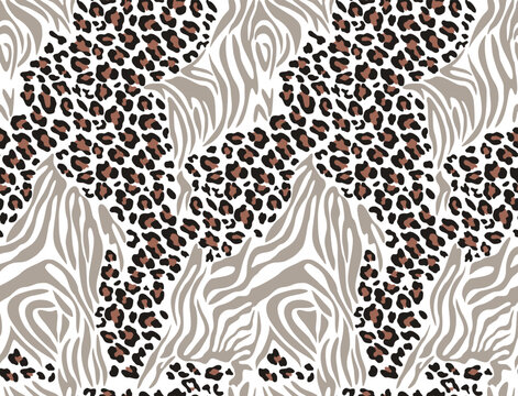 Pattern with zebra and leopard print. Seamless background, drawing of animals