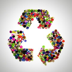 A recycling sign made of transparent bottle caps on an glowing background