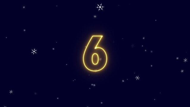 Happy New Year countdown with animated letters, neon lights, snowflake background, star and fireworks. Shiny happy new year text on dark blue background decorated for new year's eve invitation.