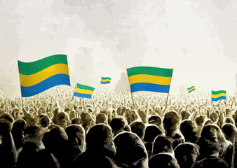 Crowd with the flags of Gabon, people cheering national team of Gabon. Ai generated illustration of crowd.