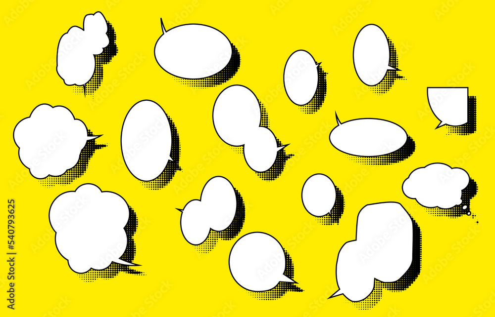 Poster Set of speech bubbles with screentone pattern on a yellow background. 