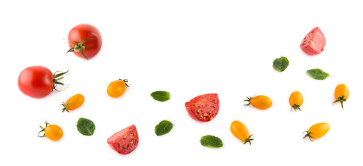 Pattern from cherry tomatoes isolated on white. Free space for text. Wide photo.