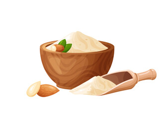 Almond flour in wooden bowl with seeds. Healthy gluten free food. Powde in organic product. Vector illustration isolated on white background
