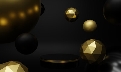 Abstract background. Template with 3D elements. Design with geometric shapes of gold and black color