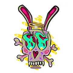 Fototapeta premium Skull with rabbit ears with fire from eyes colorful illustration print