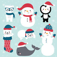Hand-drawn Christmas animals and snowpeople
