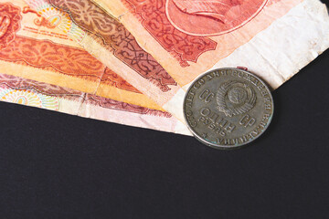 Soviet money. Old banknotes of Russia. Money fund. Payment in rubles.