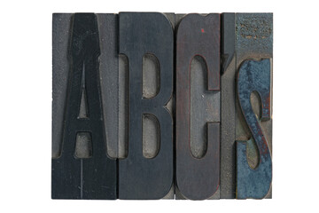 Isolated vintage antique wood letterpress type ABCs