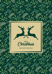 Christmas and happy new year greeting card with deer, Ornate background.