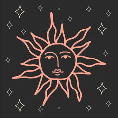 Mystical banner with the sun and plants on a black background. Boho background for astrology, tarot. Heaven vector illustration.