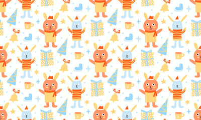 Seamless rabbit pattern. Christmas bunny white background. New year holiday gift paper. Wrapping and wallpaper. Kids textile. 