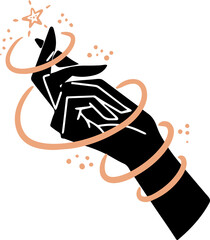 Flat illustration of black woman hands with stuff. Elegant female hand with orange ribbon and stars.