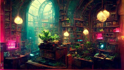 Obraz premium Cyberpunk historical library with plants and neon lights illustration
