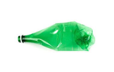 Green Empty Plastic Bottle Isolated, Crumpled Plastic Bottle, Global Pollution Concept, Squashed Water Pet